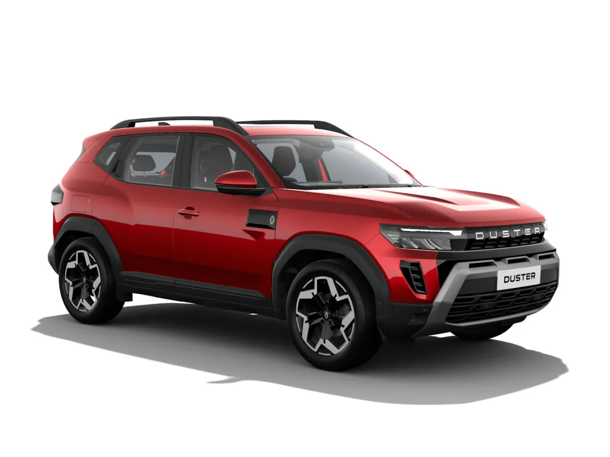 Front three-quarter view of the top-spec Renault Duster Techno Plus in Sunset Red, featuring full LED lighting and premium accents.